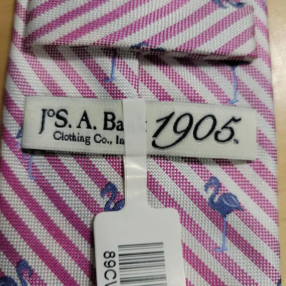 NWT Jos. A. Bank 1905 Silk Neck Tie Pink Striped Blue Flamingo Birds